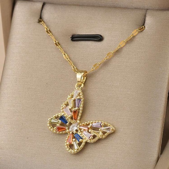 Jewelry - Butterfly Colorful Rhinestone Pendant Necklace NWT